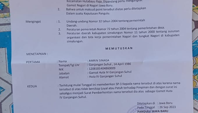 Sadis!!! Baru 4 Bulan menjabat, Pangulu Nagori Jawa Baru, kecamatan Hutabayu Pecat Gamot